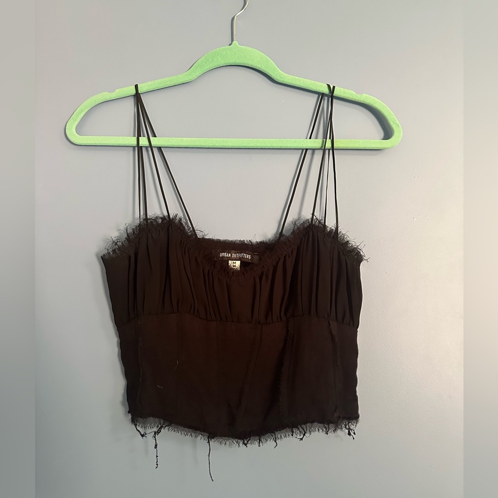 Urban Outfitters Double Strap Black Crop Top - Frayed Edges, Size M